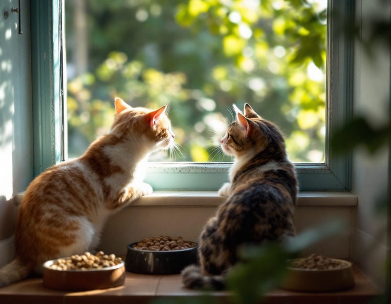 Deux chats sur un rebord de fenêtre ensoleillé, gamelles posées au sol